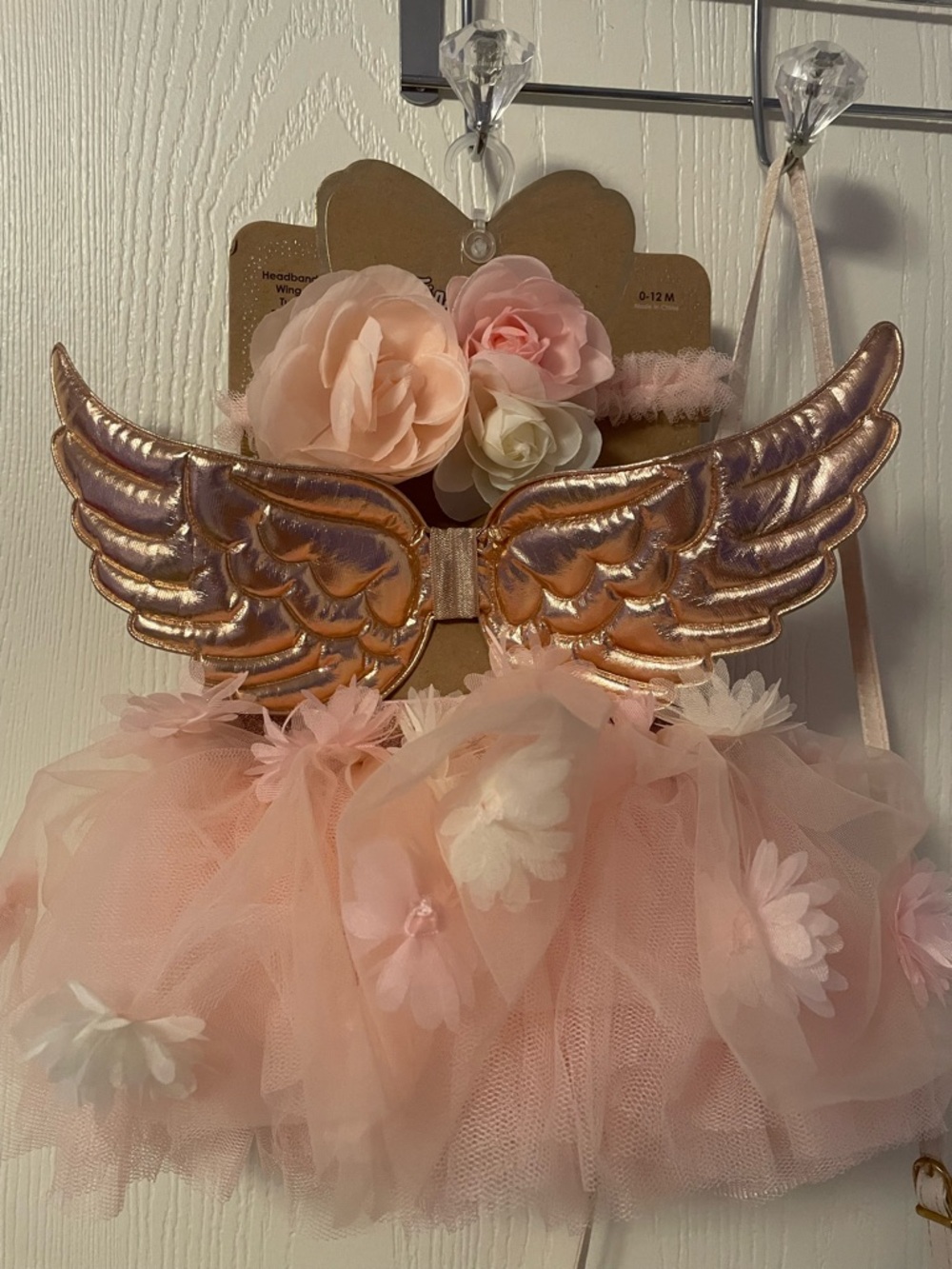 Kids Pink Floral Tulle Hair Accessory Set with Gold Wings and Floral Tutu.